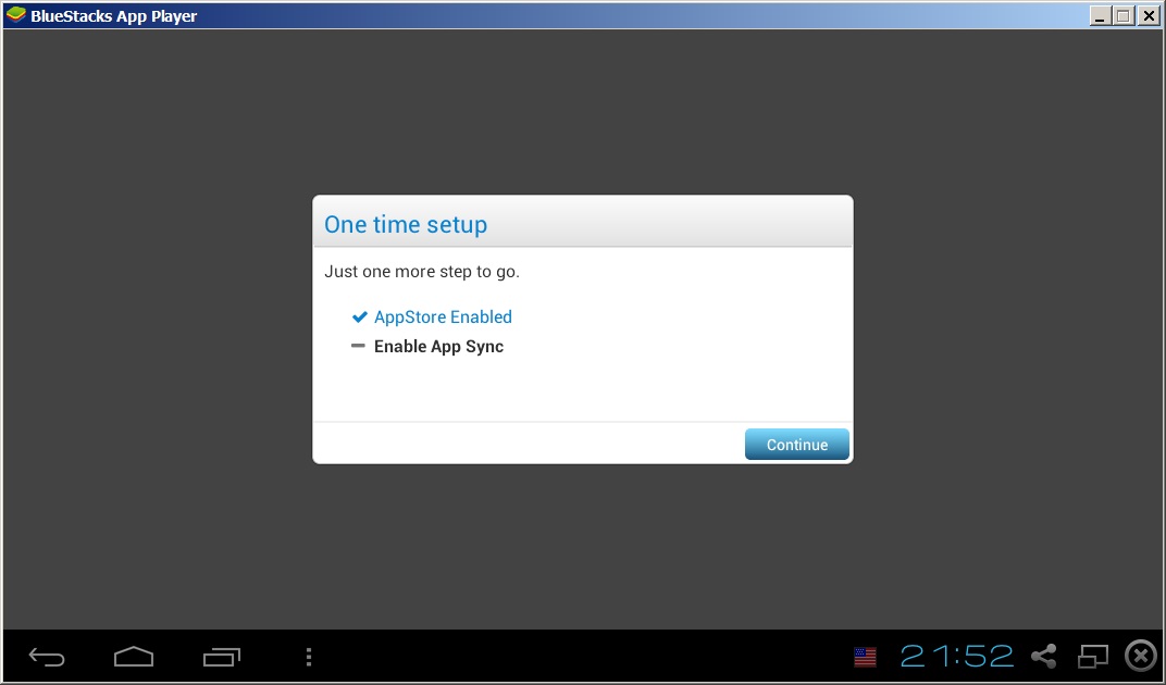 Приглашение пройти настройку синхронизации приложений Android на BlueStacks