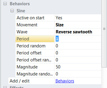 Установите значения свойствам поведения "Sine"