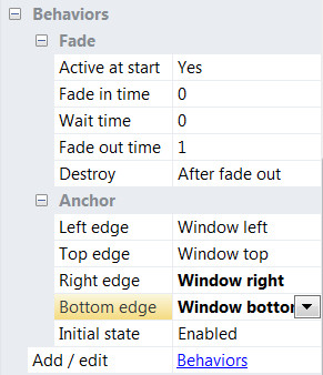 Выставьте следующие значения свойствам поведений Fade и Anchor
