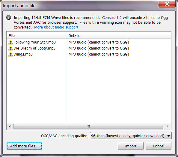 Предупреждение о том, что Construct 2 не может конвертировать аудиофайлы