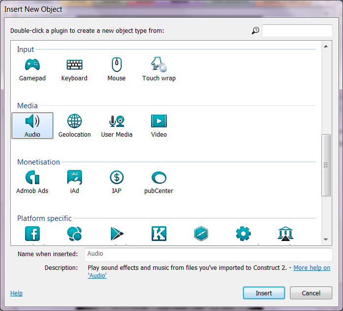 Добавление объекста Audio в проект Construct 2