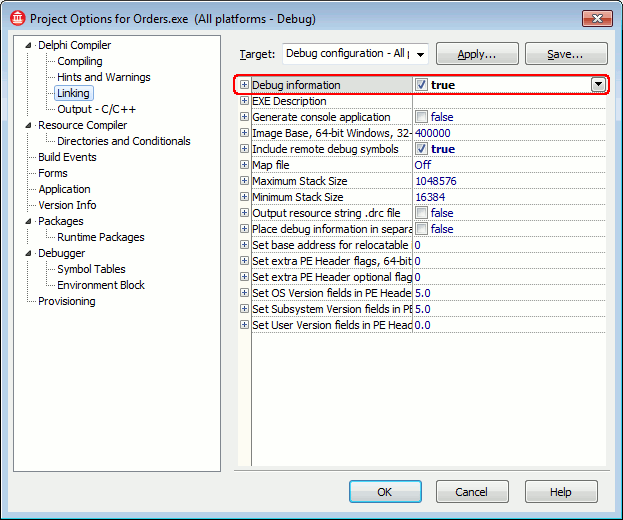 В категории Delphi Compiler | Linking установите галочку Debug information