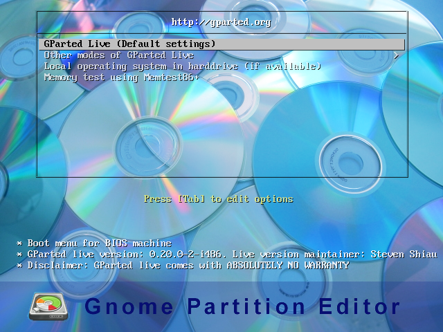 Выбор способа загрузки компьютера с диском GParted Live