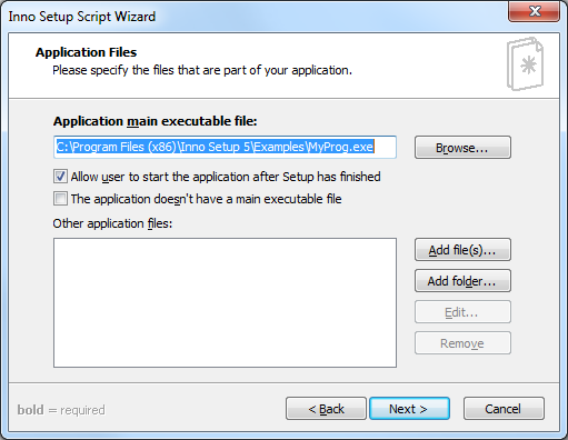 Шаг Application Files мастера создания скрипта Inno Setup
