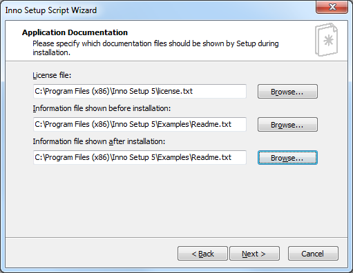 Шаг Application Documentation мастера создания скрипта Inno Setup