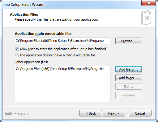 Шаг Application Files мастера создания скрипта Inno Setup