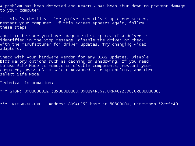 Синий экран смерти в ReactOS