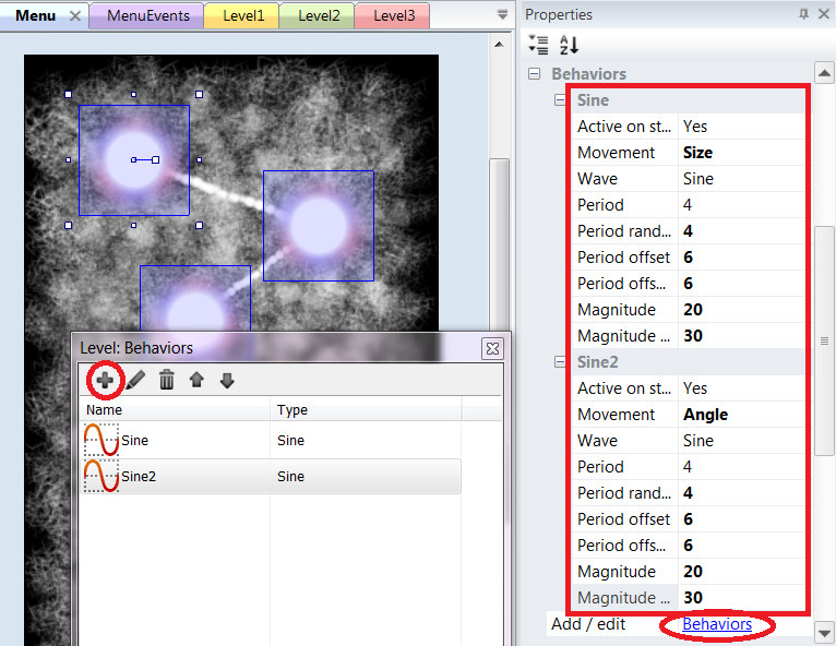Установка двух поведений Sine в Construct 2