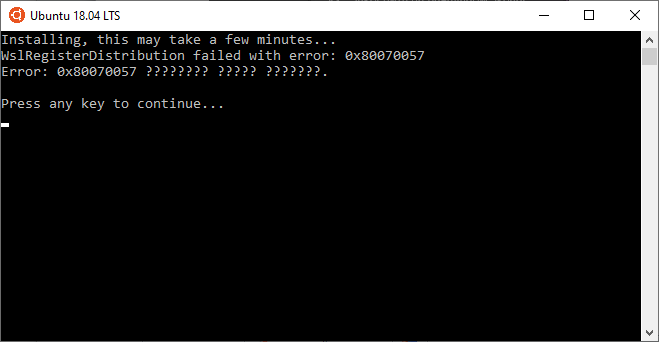 Ошибка запуска Linux в Windows 10 - WslRegisterDistribution failed with error: 0x80070057