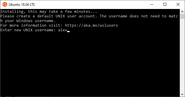 Настройка Ubuntu 18.04 для Windows 10: ввод имени пользователя