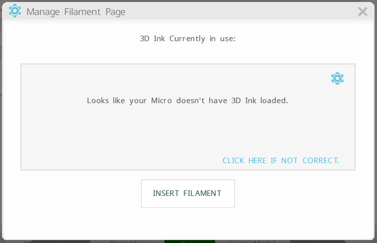Сообщение о том, что пластик не загружен в 3D-принтер The Micro