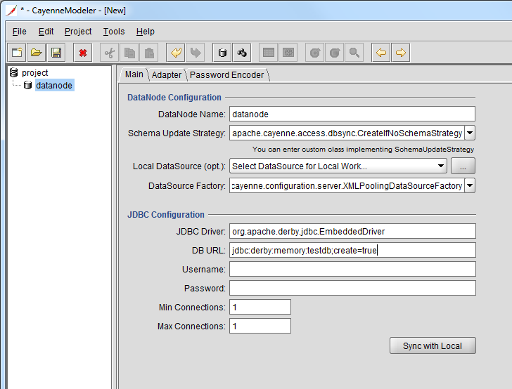 Настройка узла данных в Apache CayenneModeler