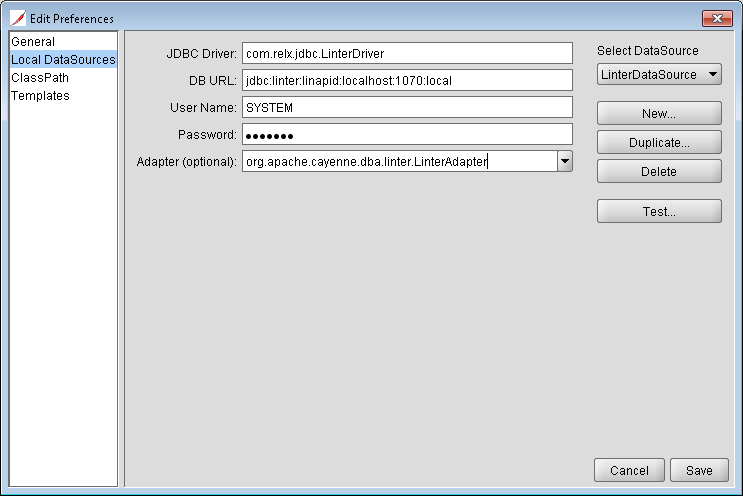 Добавление локального источника данных СУБД ЛИНТЕР в моделер Apache Cayenne