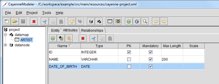 Добавление текстового поля и поля "дата" в Apache CayenneModeler