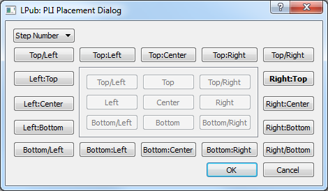 Диалог "LPub: PLI Placement Dialog" для привязки элементов в LPub