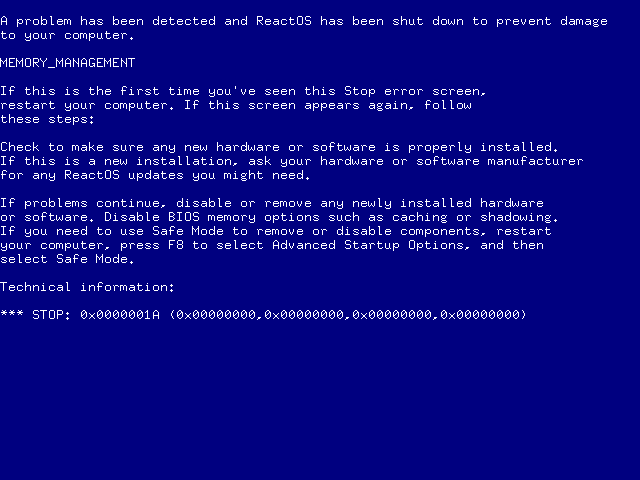 Синий экран смерти в ReactOS