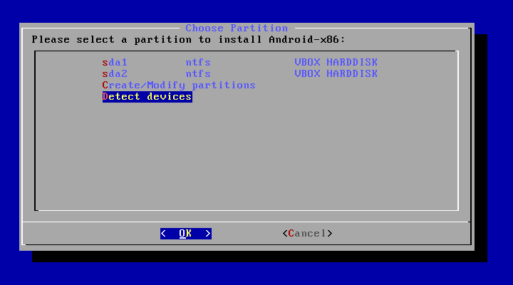 Переобнаружение дисков при установке Android x86