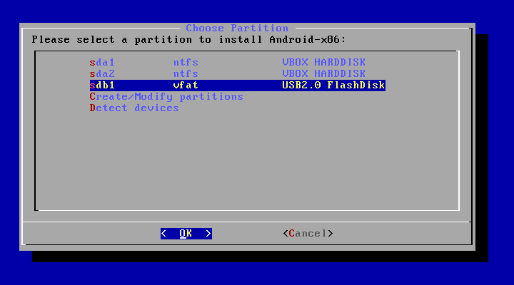 Выбор флешки при установке Android x86