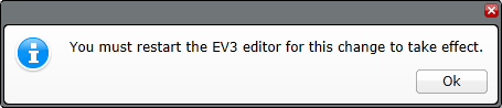 Предупреждение о необходимости перезапуска среды разработки блоков EV3