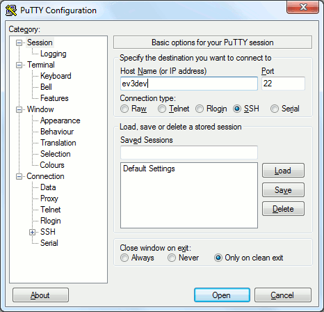 Подключение к ev3dev через SSH с помощью программы PuTTY