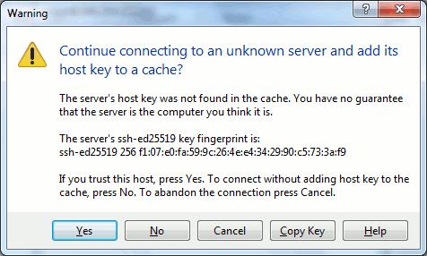 Предупреждение программы WinSCP при первом подключении к серверу