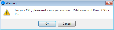 Предупреждение о проверке разрядности компьютера для установки Remix OS