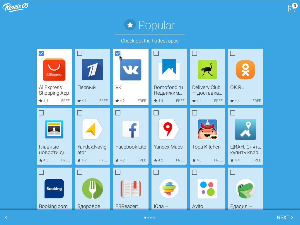 Выбор приложений при первичной настройке Remix OS