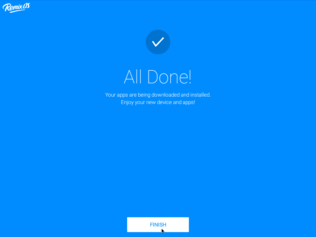 Окончание установки приложений при первичной настройке Remix OS