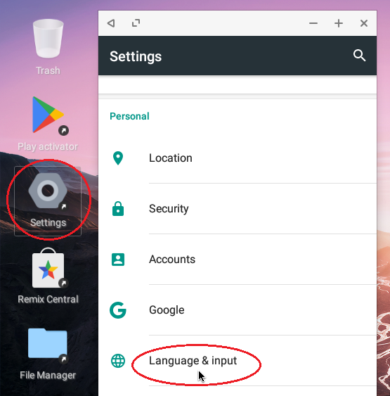 Настройки языка и раскладки клавиатуры Remix OS