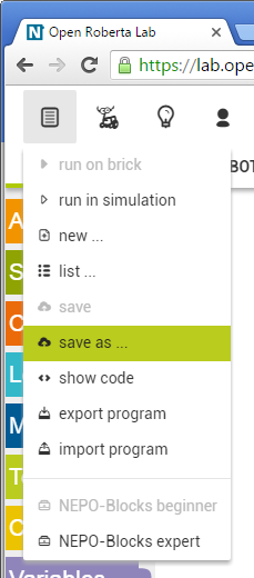 Пункт меню для сохранения проекта в Open Roberta Lab