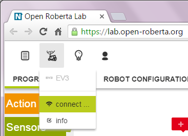 Переходим в меню подключения EV3 в Open Roberta Lab