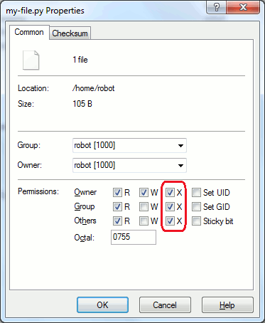 Установка разрешение на выполнение файла в WinSCP