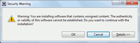 Предупреждение Eclipse о том, что устанавливаемое ПО не подписано