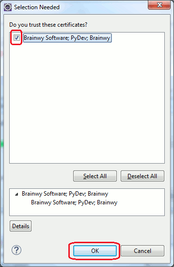 Подтверждение доверия сертификату PyDev в Eclipse