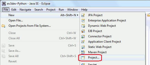 Пункт меню для создания нового проекта в Eclipse