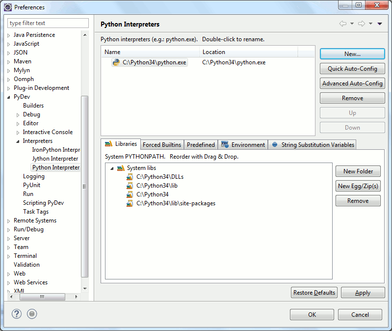 Добавленный интерпретатор в настройки PyDev в Eclipse