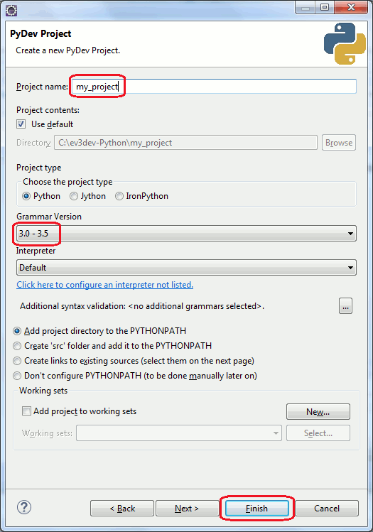 Свойства новго проекта PyDev в Eclipse