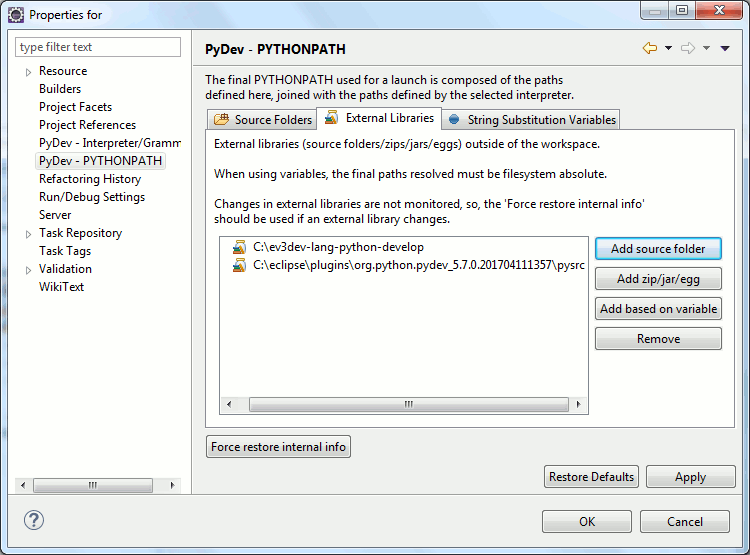 Добавление путей к исходникам библиотек в окне свойств проекта PyDev