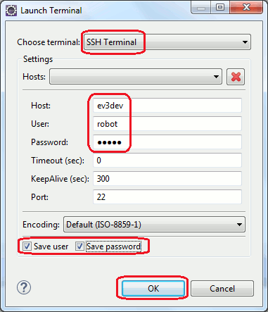 Параметры подключения к EV3 из терминала Eclipse