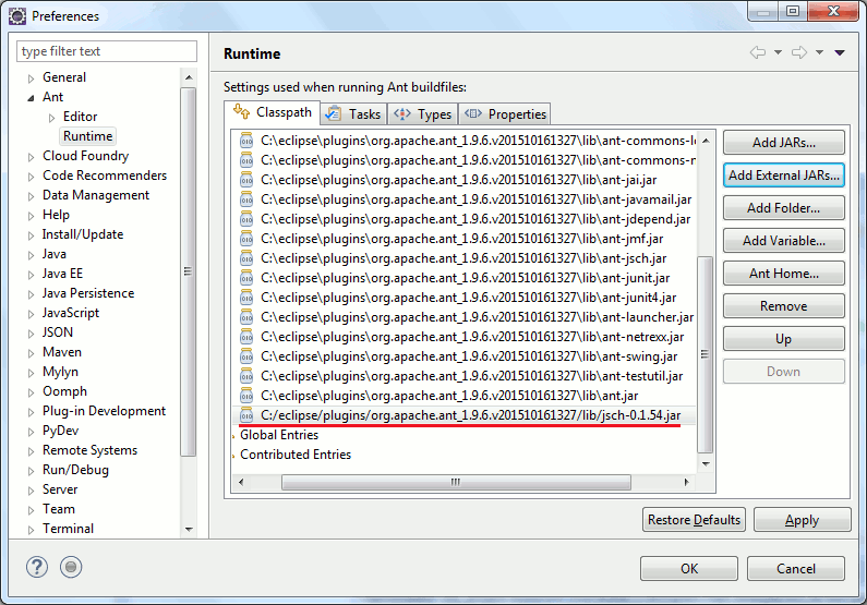 Путь к библиотеке JCraft в настройках библиотеки Ant