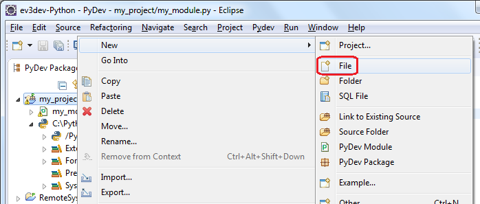 Пункт меню для создания нового файлв в Eclipse
