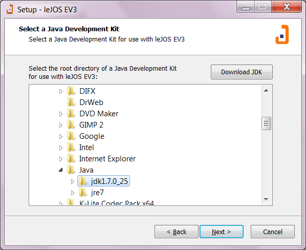Выбор JDK при установке leJOS EV3 на компьютер