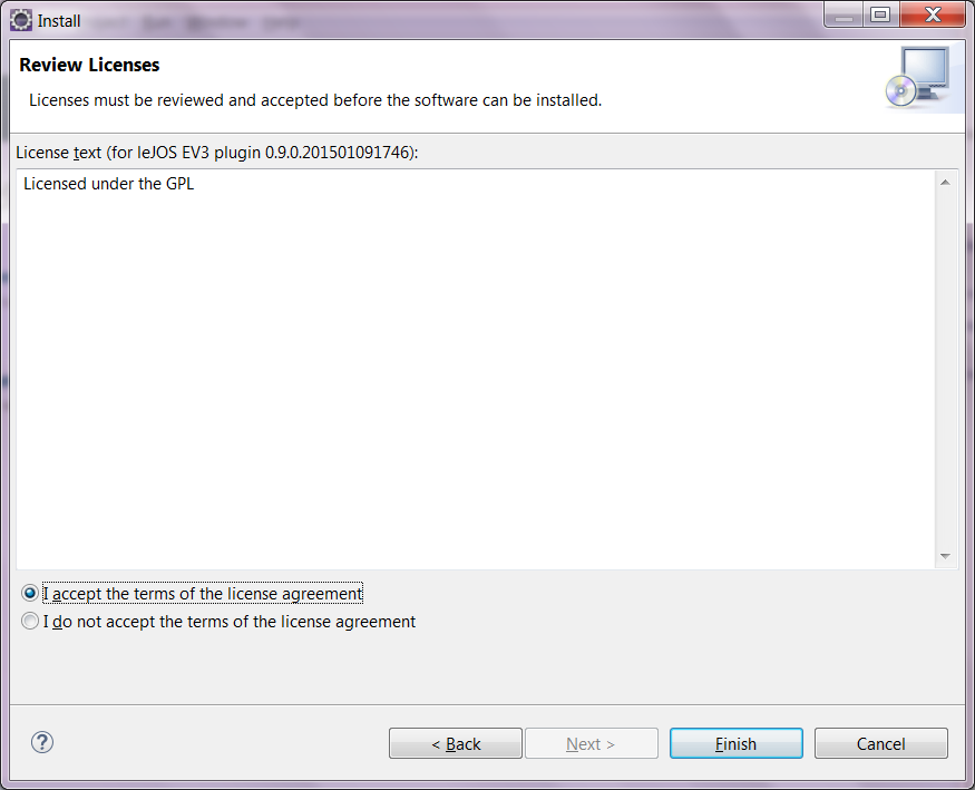 Соглашение с лицензией при установке плагина leJOS EV3 в Eclipse