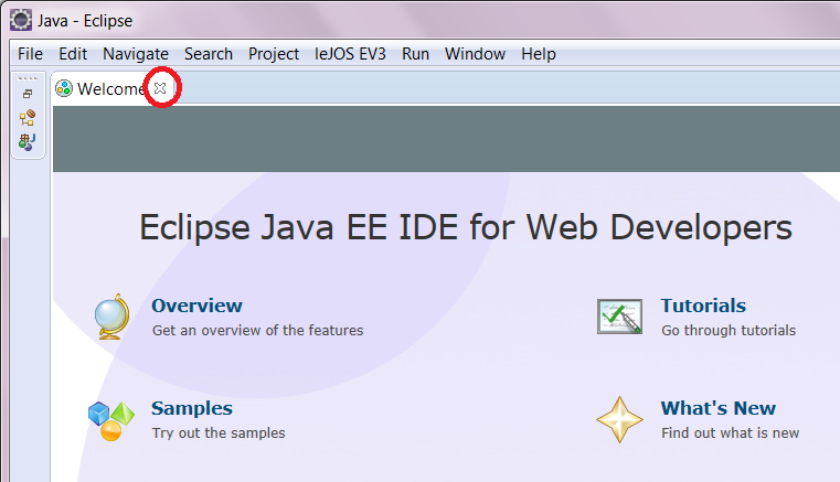Закрываем окно Welcome в Eclipse