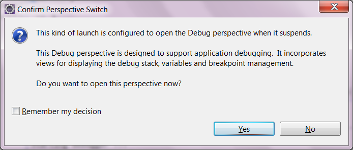 Запрос на переключение перспективы Debug в Eclipse