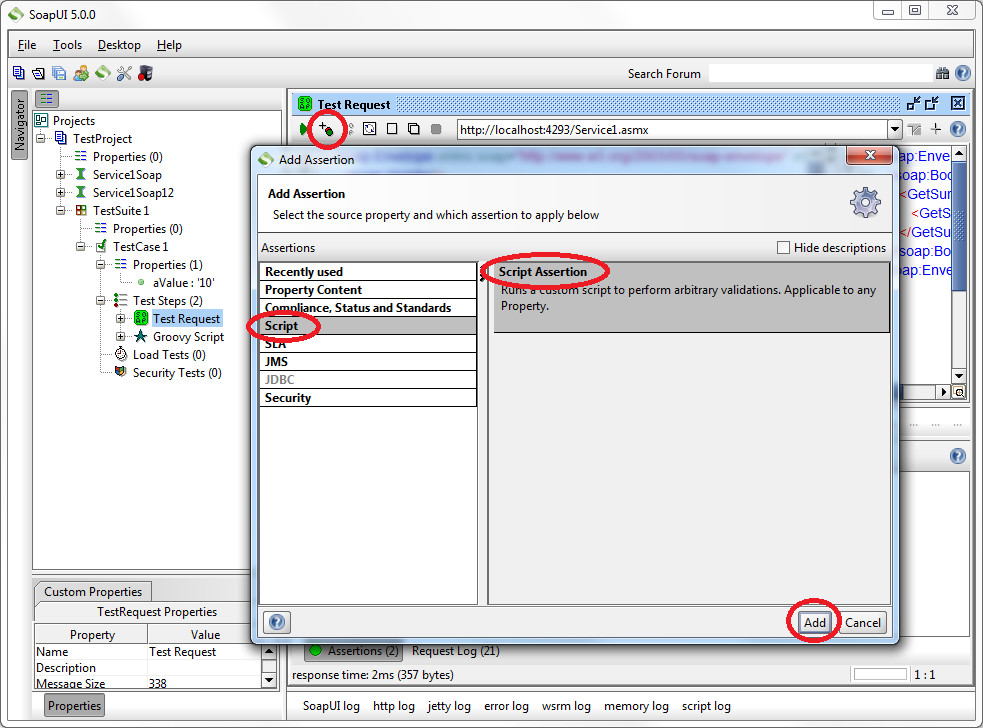 Добавление утверждения Script Assertion в программе SoapUI